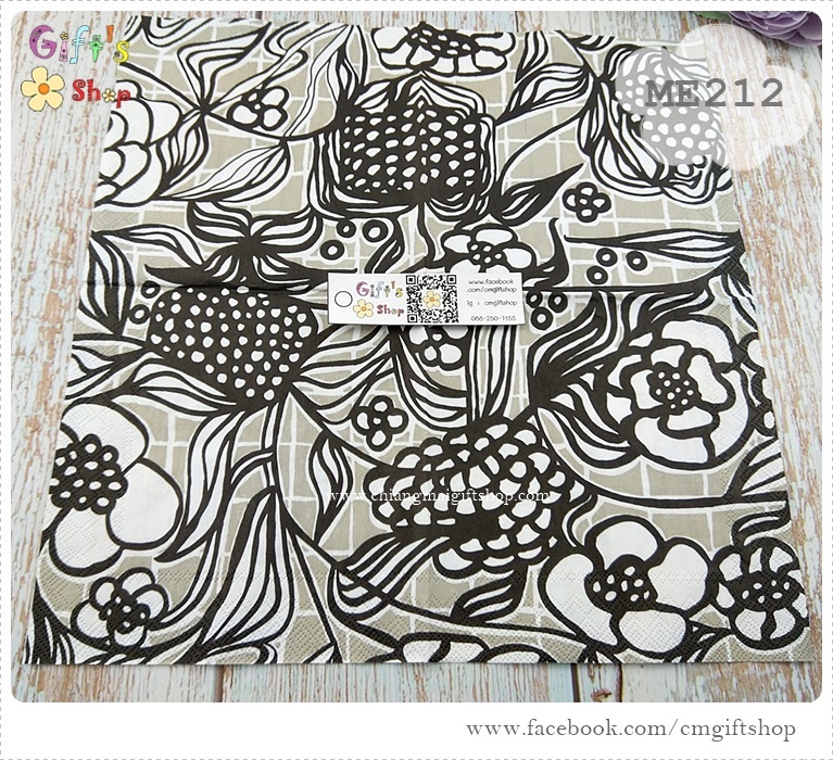 กระดาษแนปกิ้น ลาย FLORISTI linen ลายดอกไม้ลายเส้นสีขาวดำเทา ลายของ Marimekko