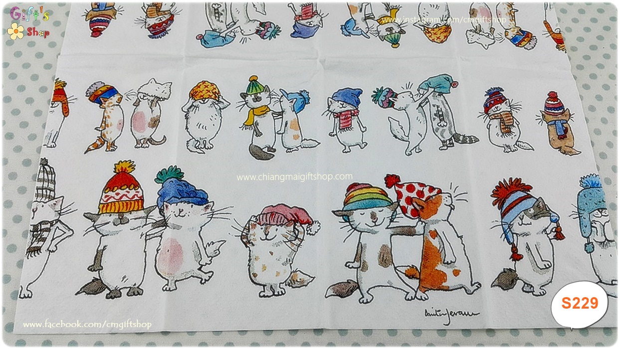 กระดาษแนปกิ้นยุโรป ขนาด 21*21 ซม. ลายแมวใส่หมวก, ลายแมว, ลายแมวน่ารัก, พื้นหลังสีขาว, CATS WITH HATS