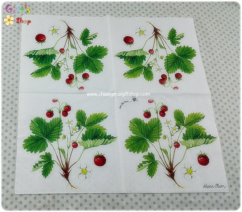 กระดาษแนปกิ้น ลายสตรอเบอร์รี่สีแดง, ลายสตรอเบอร์รี่ป่า, ลายต้นสตรอเบอร์รี่, พื้นหลังสีขาว, Wild Strawberry