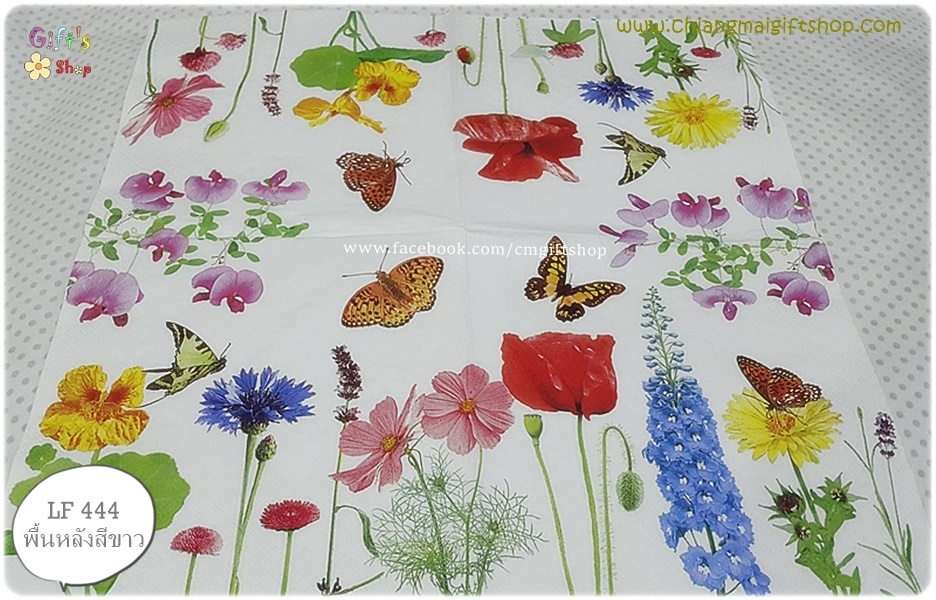 กระดาษแนปกิ้น ลายดอกดาวกระจาย ดอกไม้สีชมพู สีแดง ช่อดอกไม้สีม่วง ผีเสื้อ ใบไม้สีเขียว พื้นหลังสีขาว Summer Time