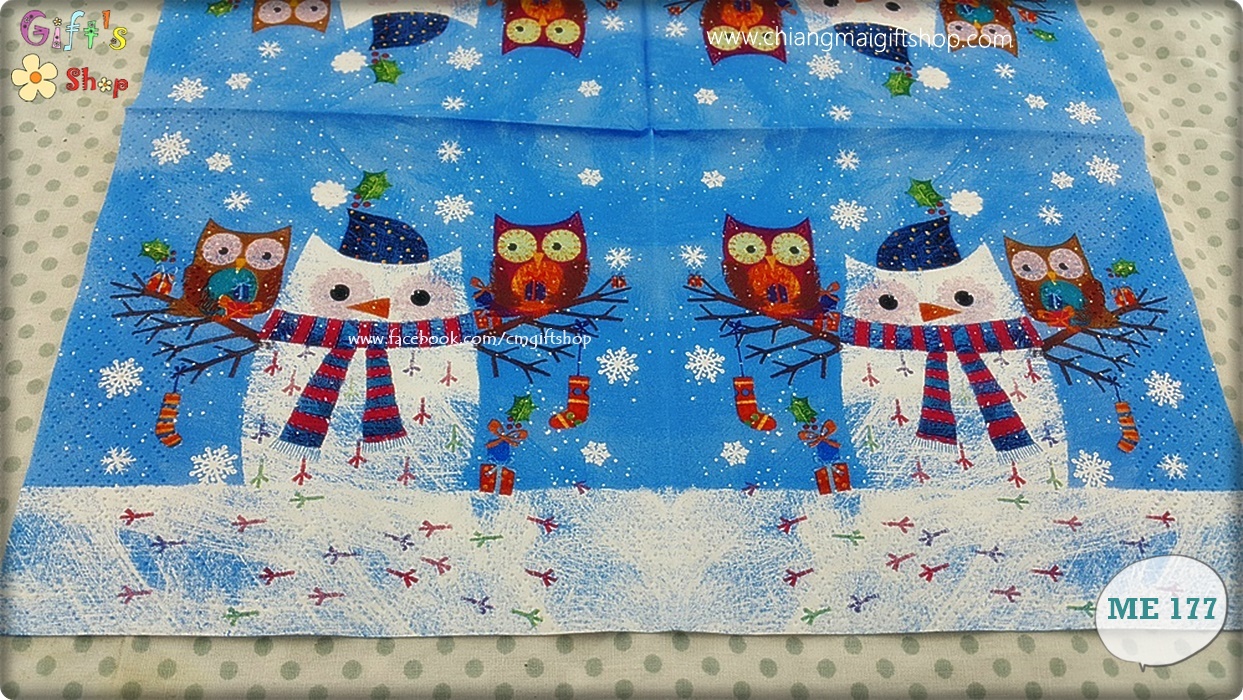 กระดาษแนปกิ้น ลายตุ๊กตาหิมะ นกฮูก พื้นหลังสีฟ้า Chouette de neige et deux