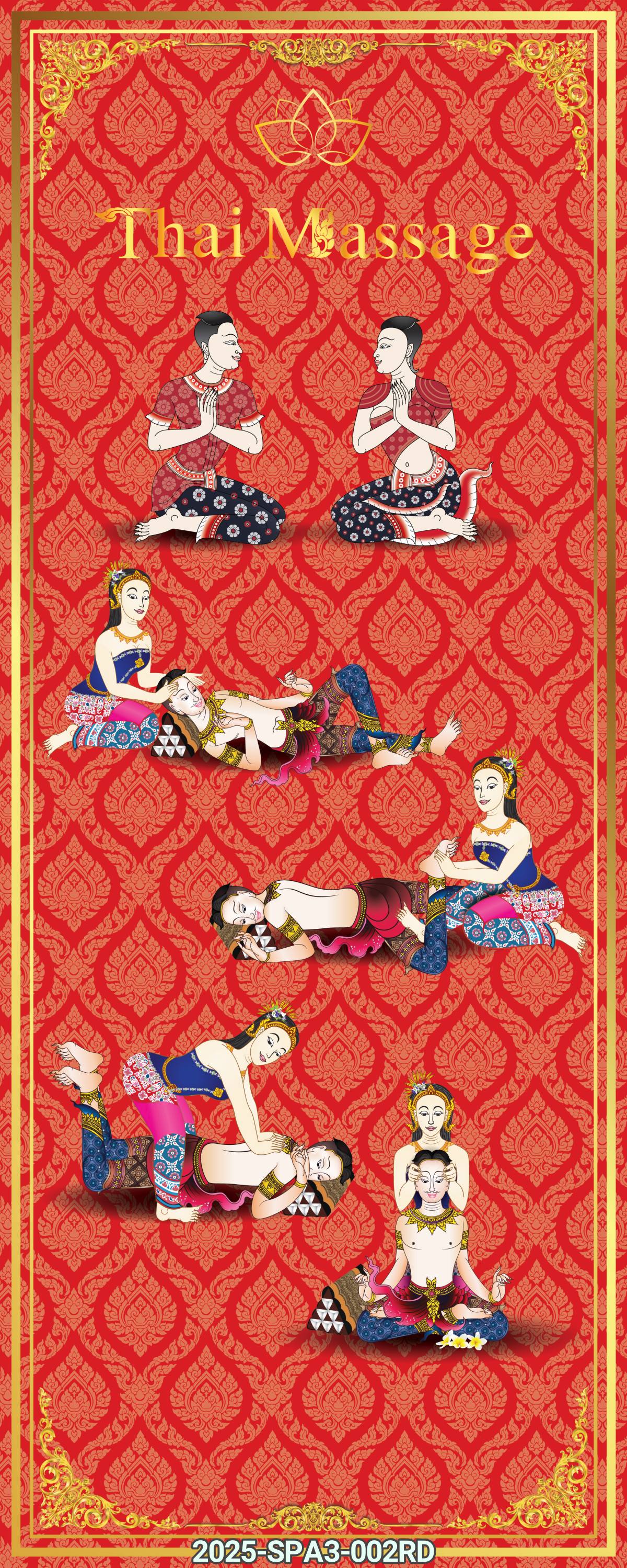 สติ๊กเกอร์กราฟฟิคคนนวดท่าต่างๆ พร้อมพื้นหลังลายไทย ตกแต่งประตู ร้านนวด -สปา แดง/น้ำเงิน/น้ำตาล/เขียว/สั่งทำได้ CS-2025-SPA3-002