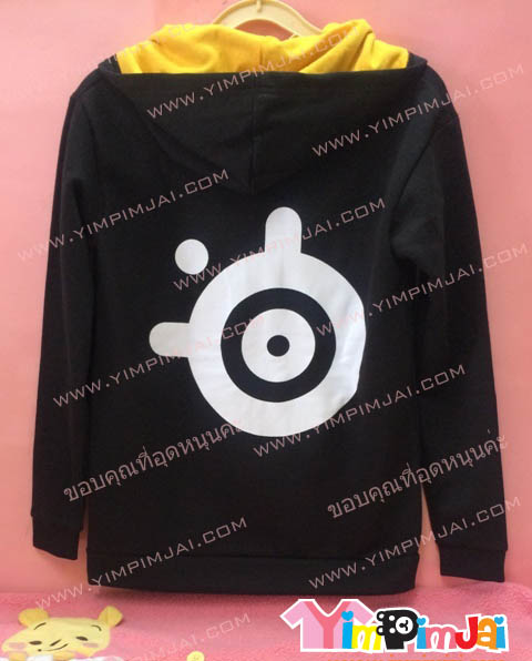 เสื้อกันหนาว สีดำ แขนยาว หมวกในเหลือง สกรีนตามสั่ง