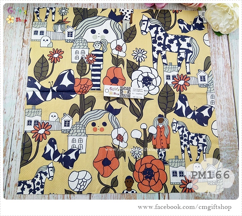 กระดาษแนปกิ้นยุโรป, ลายของ marimekko, ลาย MARIKYLA cream, ลายผู้หญิง, ลายม้า, ลายบ้าน, ลายดอกไม้, พื้นหลังสีครีม