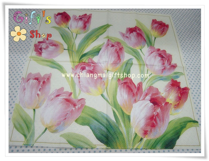 กระดาษแนปกิ้น ลายดอกทิวลิป ดอกไม้ สีแดง ชมพู พื้นหลังสีครีม