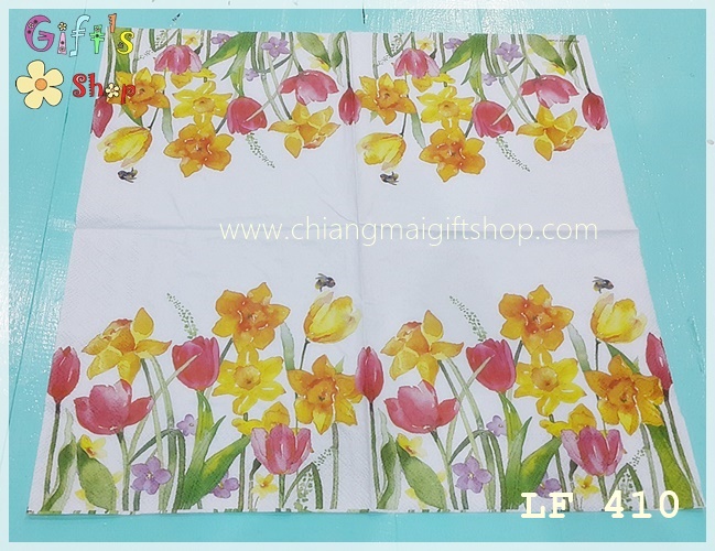 กระดาษแนปกิ้น ลายดอกไม้สีเหลือง สีส้ม พื้นหลังสีขาว