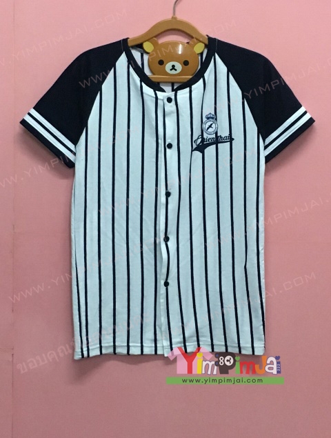 เสื้อยืด สีขาว ลายม้าลาย แขนสั้นดำ สกรีนตามสั่ง CREW PILOT OX