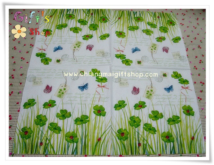 กระดาษแนปกิ้นยุโรป, ลายใบclover, ลายโคลเวอร์, ลายใบไม้แห่งความโชคดี, ลายผีเสื้อ, พื้นหลังสีขาว, ลายแมลงเต่าทอง, ลายทุ่งดอกไม้, ลายวินเทจ, ลายแสตมป์, ลายใบไม้