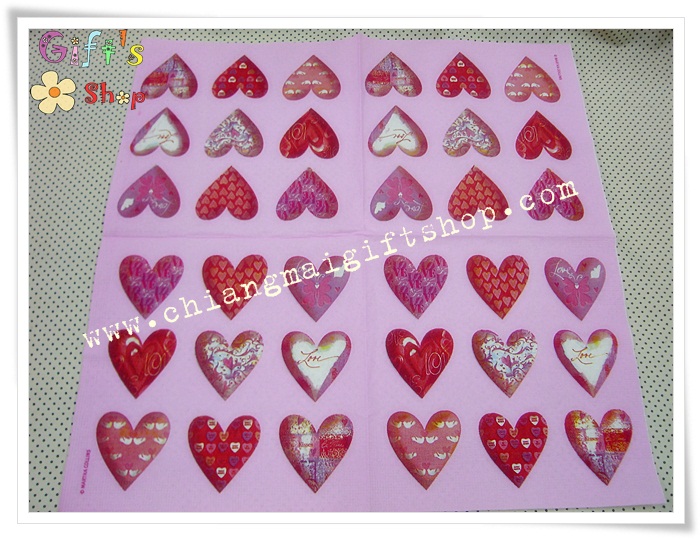 กระดาษแนปกิ้น ลายหัวใจสีแดงน่ารัก พื้นหลังสีชมพู