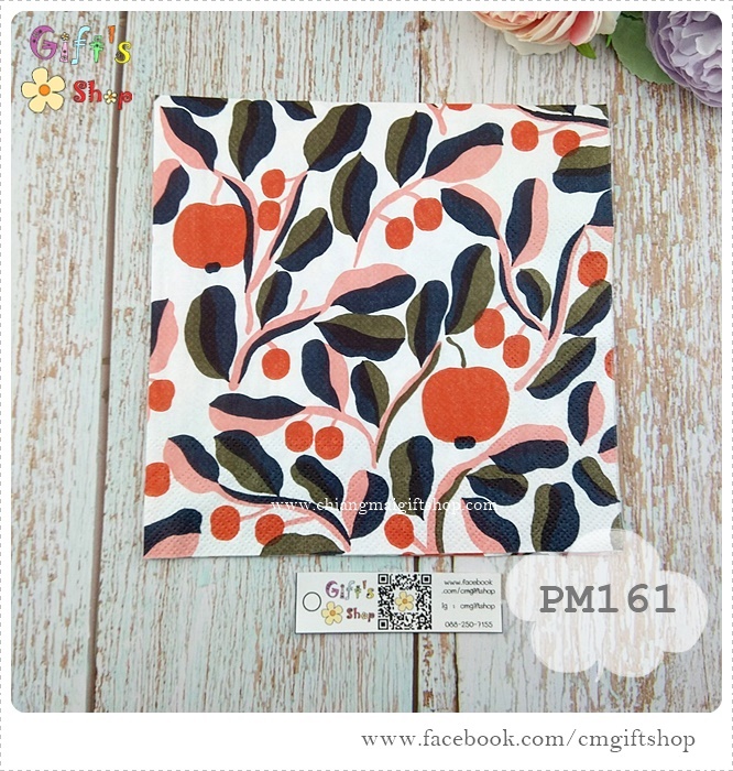 กระดาษแนปกิ้นยุโรป, ลายดอกไม้, ลายJASPL white rose, ลายของ marimekko, ผลไม้สีแดงกับใบไม้, พื้นหลังสีขาว