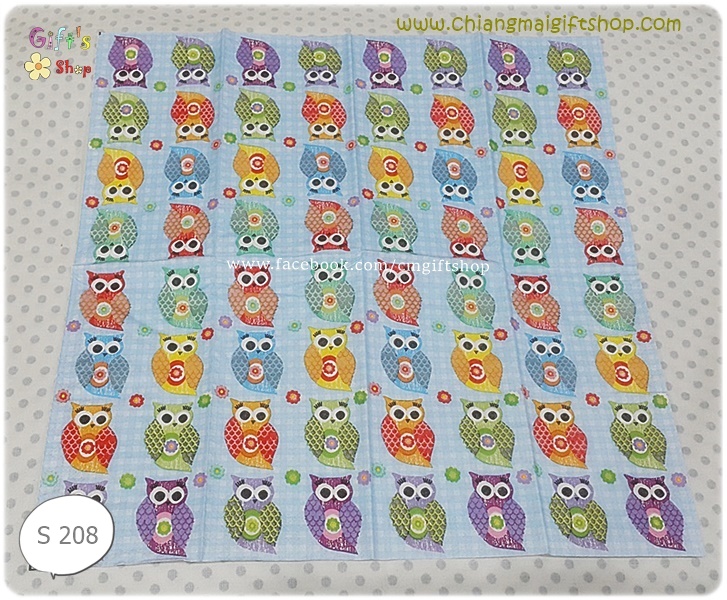กระดาษแนปกิ้น ลายนกฮูกตัวเล็ก สีเขียว ม่วง ส้ม เหลือง ฟ้า 1 แผ่น มี 64 ตัว พื้นหลังสีฟ้าอ่อน