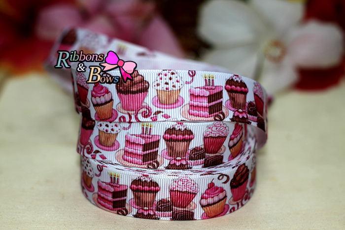 ริบบิ้นผ้าพิมพ์ลาย คัพเค้ก(cup cake) กว้าง 22 mm#FF24