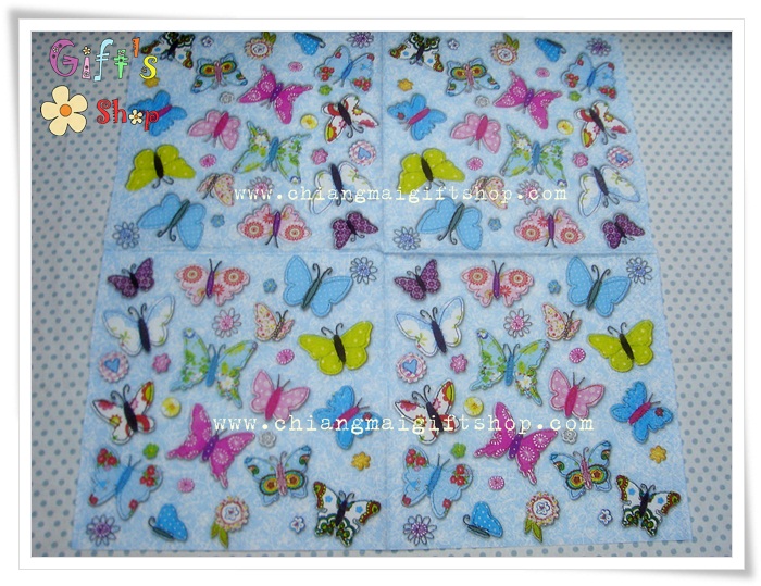 กระดาษแนปกิ้น ลายผีเสื้อสีชมพู สีฟ้า สีเขียว พื้นหลังสีฟ้าขาว