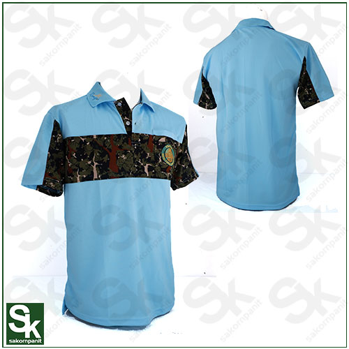 เสื้อโปโลสีฟ้า คาด-อก ลายพราง /ป่าไม้(ผ้ากีฬา)