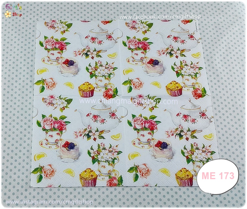 กระดาษแนปกิ้น ลายดอกไม้ ในกาน้ำชา แจกัน ดอกกุหลาบ คัพเค้ก พื้นหลังสีขาว Flower in tea cup