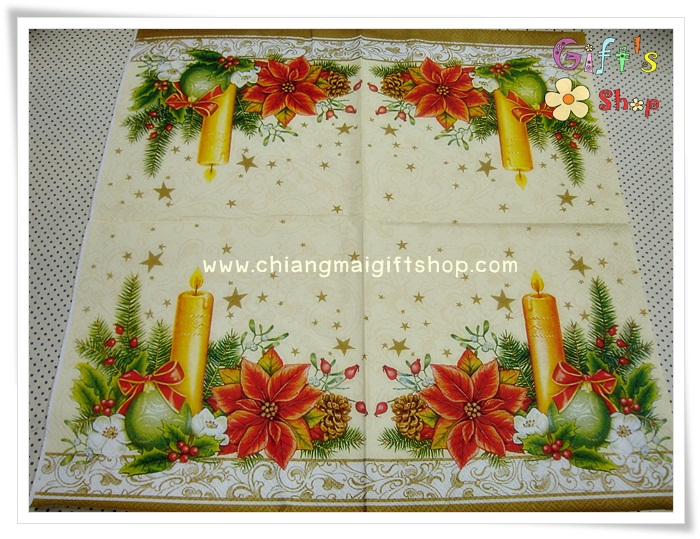 กระดาษแนปกิ้น ลายฉลองวันคริสต์มาส เทียน โบว์สีแดง ใบต้นคริสต์มาส
