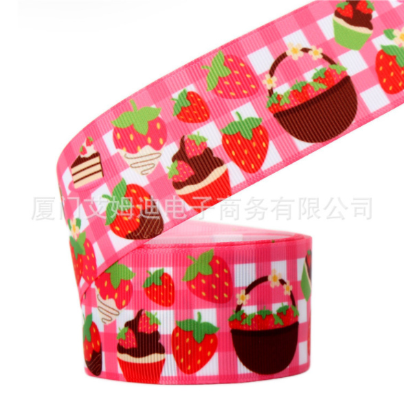 ริบบิ้นผ้าพิมพ์ลาย เค้ก สตอร์เบอร์รี่ กว้าง 25 mm #FF06