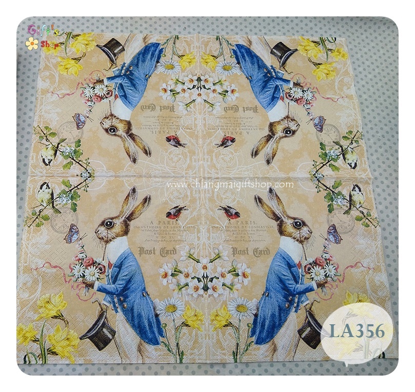 กระดาษแนปกิ้น ลายMr Rabbit, ลายนายกระต่าย, ลายกระต่าย, ลายกระต่ายใส่สูท, ลายกระต่ายใส่สูททักซิโด้ถือหมวก, ลายกระต่ายหล่อ, ลายกระต่ายถือช่อดอกไม้, ลายดอกไม้สีเหลือง, ลายนกเกาะกิ่งไม้, พื้นหลังมีตัวอักษรpos card