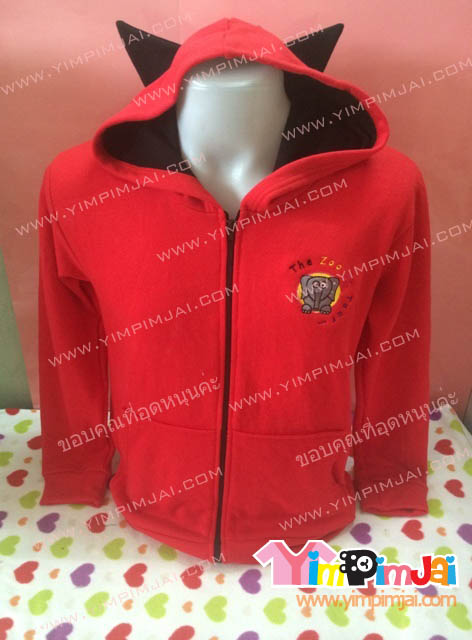 เสื้อฮู้ด เสื้อรุ่น สีแดง ซิปดำ หูดำ สกรีนตามสั่ง