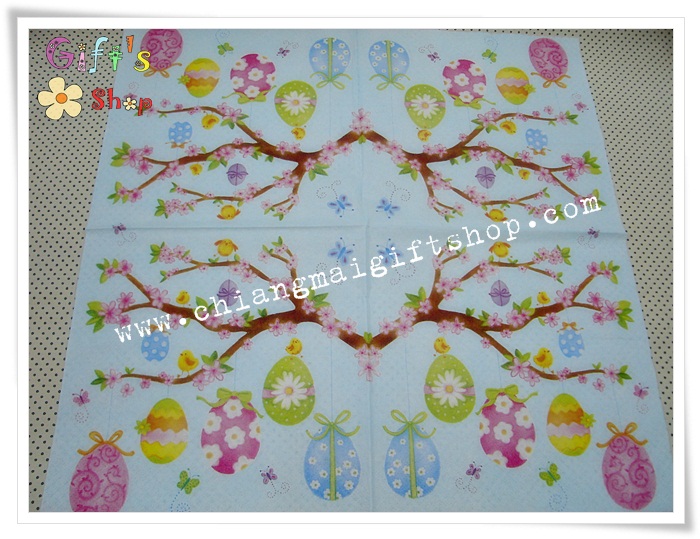 กระดาษแนปกิ้นยุโรป, ลายไข่อีสเตอร์ผูกโบว์, กิ่งไม้, พื้นหลังสีฟ้า, ลายไข่, ลายไข่อีสเตอร์, เทศกาลอีสเตอร์