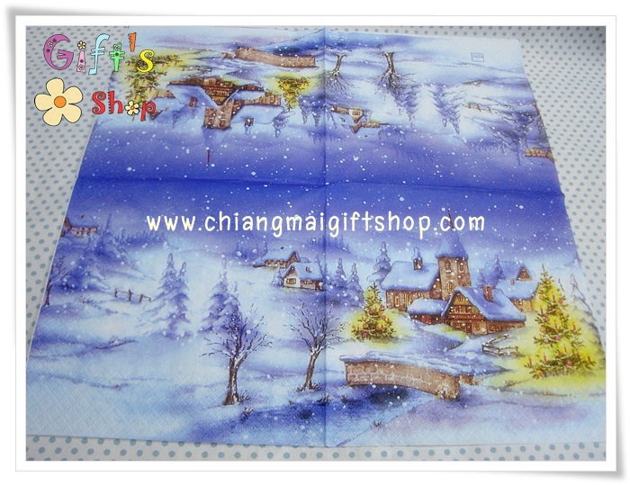 กระดาษแนปกิ้น ลายหมู่บ้าน กับต้นคริสมาส ตอนกลางคืน