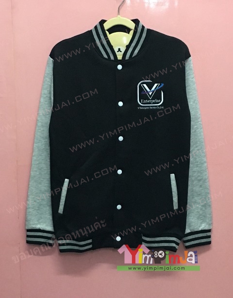 เสื้อกันหนาว เบสบอล สีดำ แขนยาวเทา กระดุมขาว มีกระเป๋า สกรีนตามสั่ง V Enterprise
