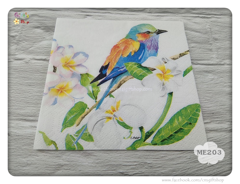 กระดาษแนปกิ้น ลายนกกับดอกลีลาวดี, ลายSrilanka, ลายนกเกาะดอกไม้, ลายนกสีฟ้าสีส้มสีน้ำเงิน, ลายนก, ลายดอกไม้สีขาว, พื้นหลังสีขาว