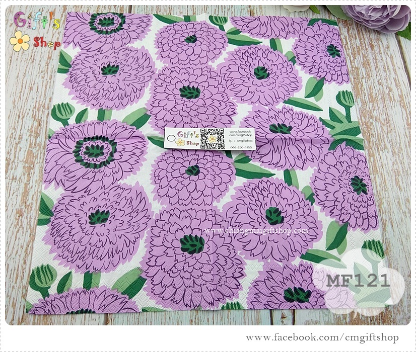 กระดาษแนปกิ้น ลายดอกไม้, ลายดอกไม้สีม่วง, ลายPRIMAVERA lilac, ลายของ Marimekko, พื้นหลังสีขาว