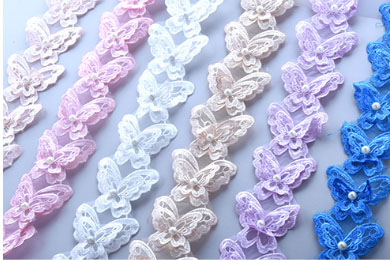 ผ้าลูกไม้ผีเสื้อ ตกแต่งโบว์ ทำกิ๊บที่คาดผม มี 6 สีให้เลือก (แพค 5 ตัว)