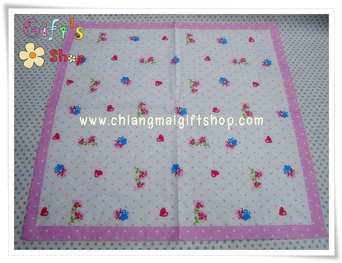 กระดาษแนปกิ้น ลายจุด ขาว ชมพู หัวใจ ดอกไม้