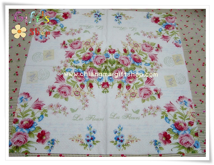 กระดาษแนปกิ้น, ลายดอกกุหลาบ, ลายดอกไม้สีชมพู, ลายดอกไม้สีเหลือง, ลายดอกไม้สีฟ้า, พื้นหลังสีขาว, ลายแสตมป์