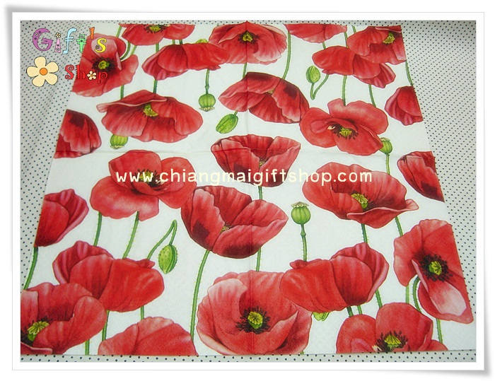 กระดาษแนปกิ้นยุโรป, ลายดอกไม้สีแดงพื้นหลังสีขาว, ลายดอกไม้สีแดง, ลายดอกป๊อปปี้, พื้นหลังสีครีม, พื้นหลังสีอ่อน, ลายดอกไม้ดอกใหญ่, ลายดอกไม้พื้นหลังสีขาวหรือสีอ่อน
