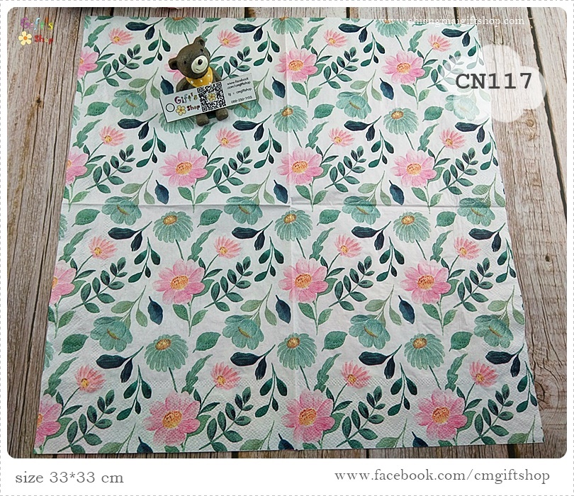 กระดาษแนปกิ้น, ลายดอกไม้สีชมพู, ลายดอกไม้สีเขียว, ลายใบไม้, ลายเต็มผืน, พื้นหลังสีขาว, ลายภาพวาดดอกไม้, ลายเล็กๆ