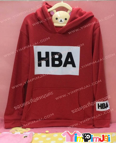 เสื้อกันหนาว สีแดง แขนยาว หมวกแดง สกรีนตามสั่ง HBA