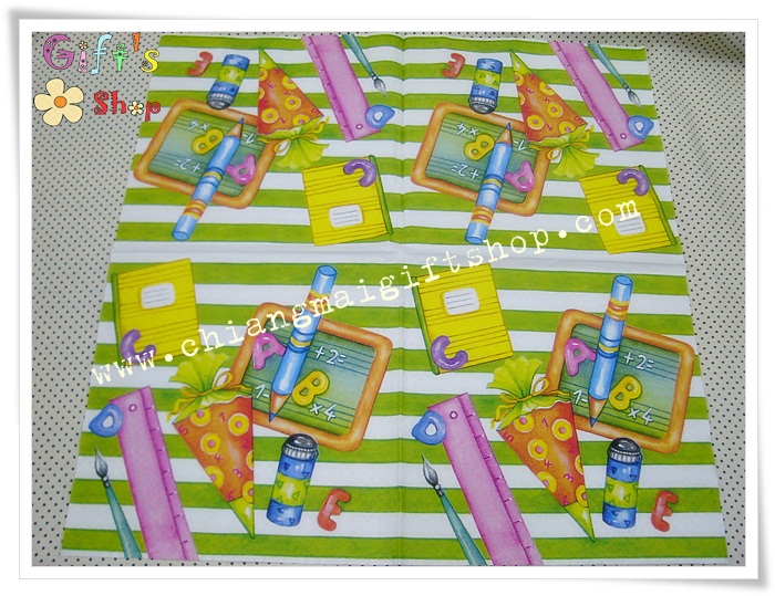 กระดาษแนปกิ้นยุโรป, ลายอุปกรณ์เครื่องเขียน, พื้นหลังลายขวางสีเขียวขาว, ลายเครื่องเขียน, ลายไม้บรรทัด, ลายดินสอ, ลายสมุด, ลายลูกอม, ลายเด็กๆ