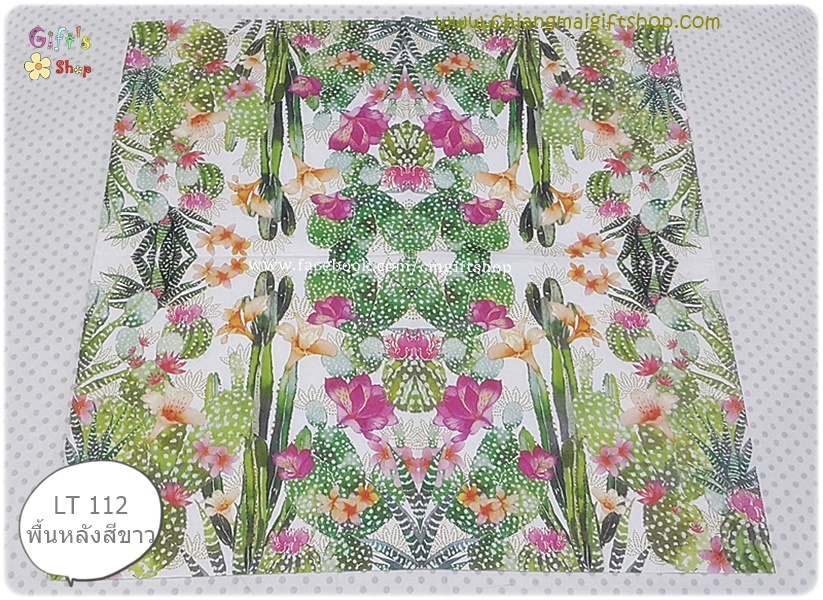กระดาษแนปกิ้น ลายแคคตัส กระบองเพชร มีดอก หลายสีหลายแบบ ดอกสีส้ม ชมพู พื้นหลังสีขาว cactus fantasy