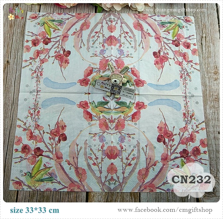 กระดาษแนปกิ้น, ลายนกกับดอกไม้สีชมพู, ลายนกกับดอกไม้, ลายนก, ลายดอกไม้, ลายภาพวาดสีน้ำลายนกกับดอกไม้, ลายนกเกาะกิ่งไม้, พื้นหลังสีขาว, ลายธรรมชาติ, ลายภาพวาดสีน้ำ