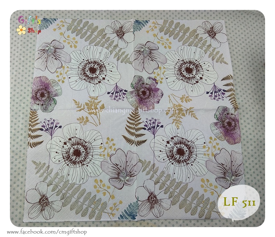 กระดาษแนปกิ้น ลายSweet Beauties, ลายดอกไม้ลายเส้น, ลายดอกไม้หลายสี, ลายดอกไม้ใบไม้, ลายดอกไม้สีม่วง, ลายใบเฟิร์น, พื้นหลังสีอ่อน