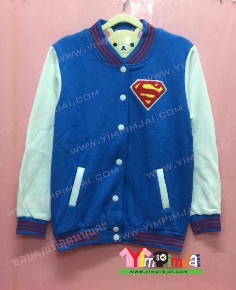 เสื้อกันหนาว เบสบอล สีน้ำเงิน แขนยาวขาว ลายตามสั่ง เสื้อห้อง เสื้อรุ่น Superman