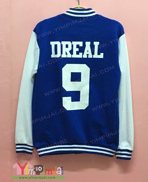 เสื้อแจ็คเก็ตเบสบอลน้ำเงินแขนขาว สกรีนเปลี่ยนชื่อ เปลี่ยนเลข