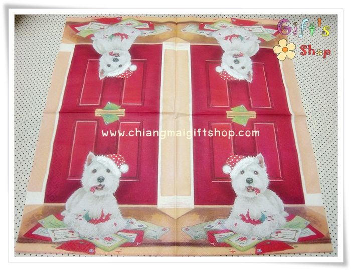 กระดาษแนปกิ้น ลายสุนัข ประตู สีแดง พื้นหลังสีส้ม