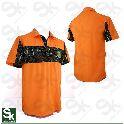 เสื้อโปโลสีส้ม คาด-อก ลายพราง /ป่าไม้ (ผ้ากีฬา)