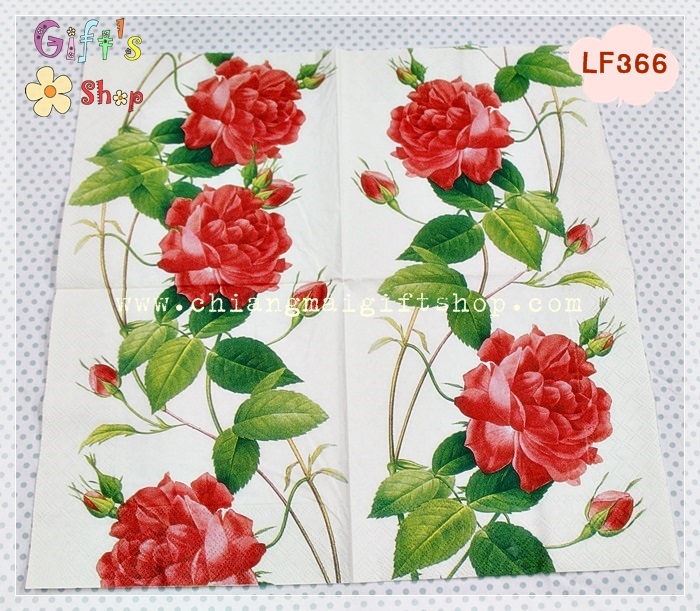 กระดาษแนปกิ้น ลายดอกกุหลาบสีแดง พื้นหลังสีครีม