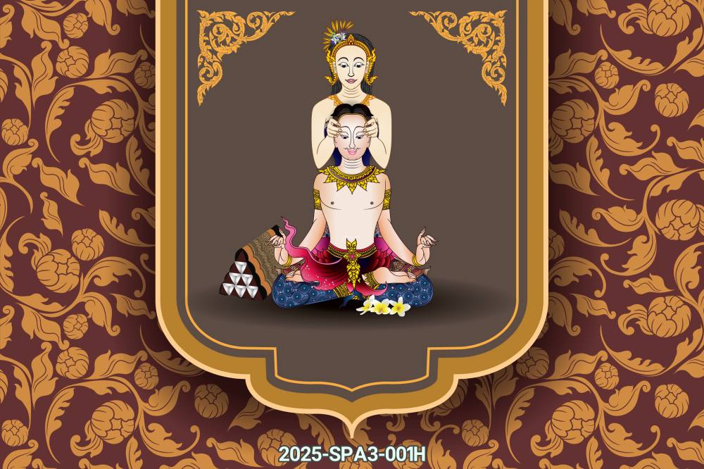 สติ๊กเกอร์ภาพการ์ตูนนวดพื้นหลังลายไทย แต่งร้านนวด สปาไทย 2025-SPA3-001