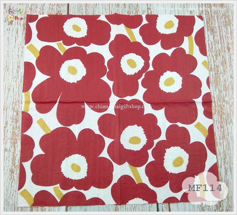 กระดาษแนปกิ้น ลายUNIKKO dark red gold ลายดอกไม้ ลายของ marimekko ลายดอกไม้สีแดง ก้านและเกสรสีทอง พื้นหลังสีขาว