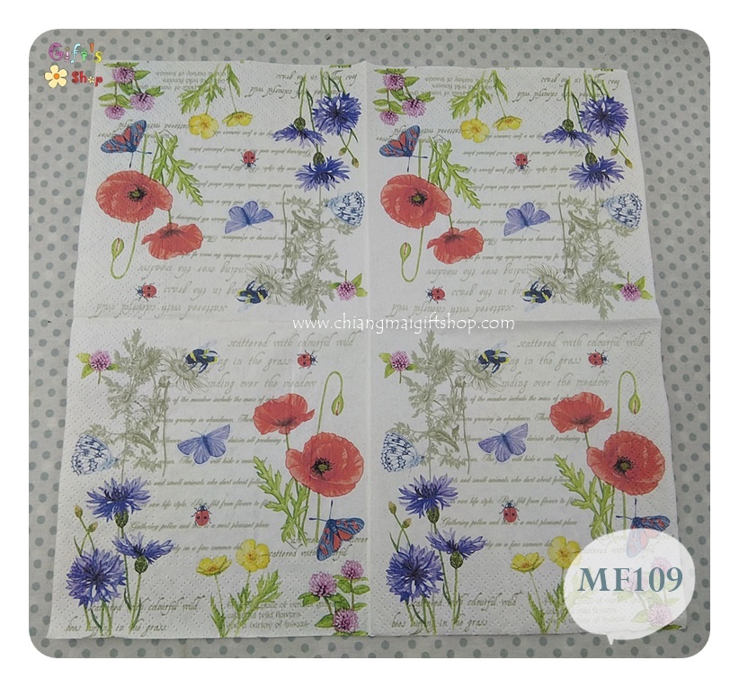 กระดาษแนปกิ้น ลายvintage summer, ลายวินเทจซัมเมอร์, ลายดอกไม้, ลายดอกไม้หลายสี, ลายดอกไม้บนพื้นหลังตัวอักษรภาษาอังกฤษ, ลายดอกไม้หลายชนิด, ลายตัวอักษรภาษาอังกฤษ, พื้นหลังสีขาว