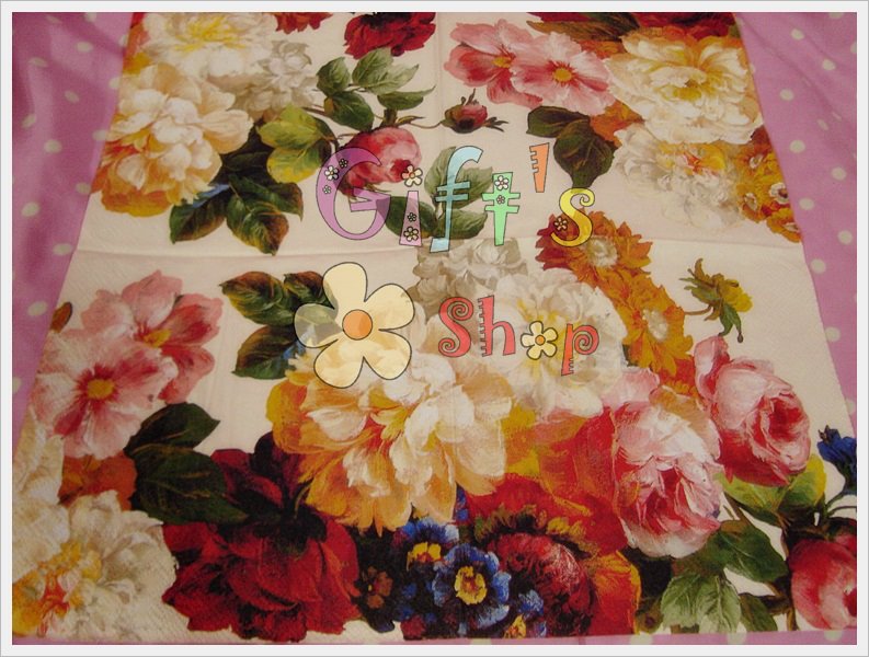กระดาษแนปกิ้น ลายดอกไม้สีแดง เหลือง สีน้ำมัน พื้นหลังสีขาว