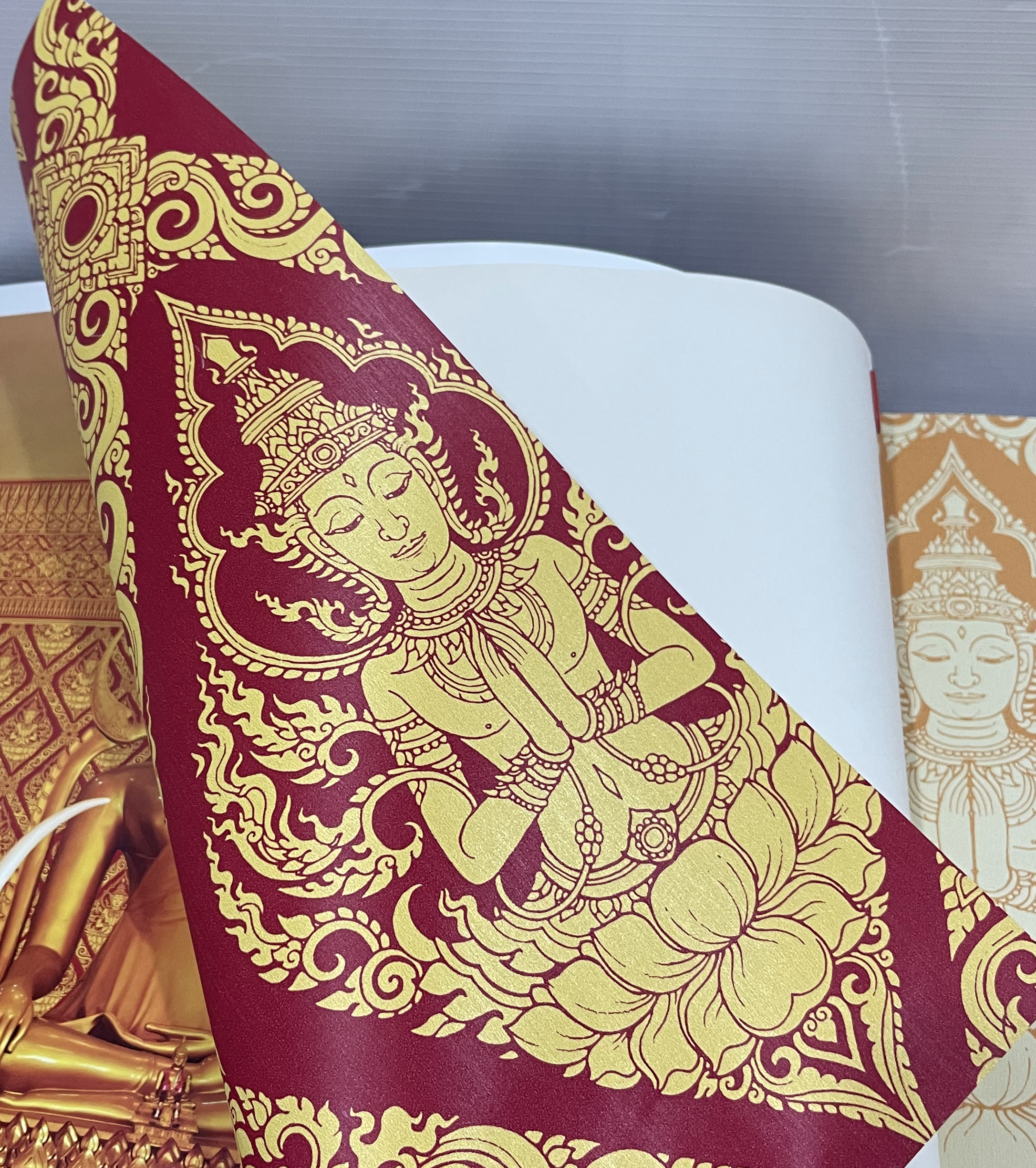 วอลเปเปอร์ลายไทย ลายเทพพนม สีทอง-พื้นแดง JPS-101