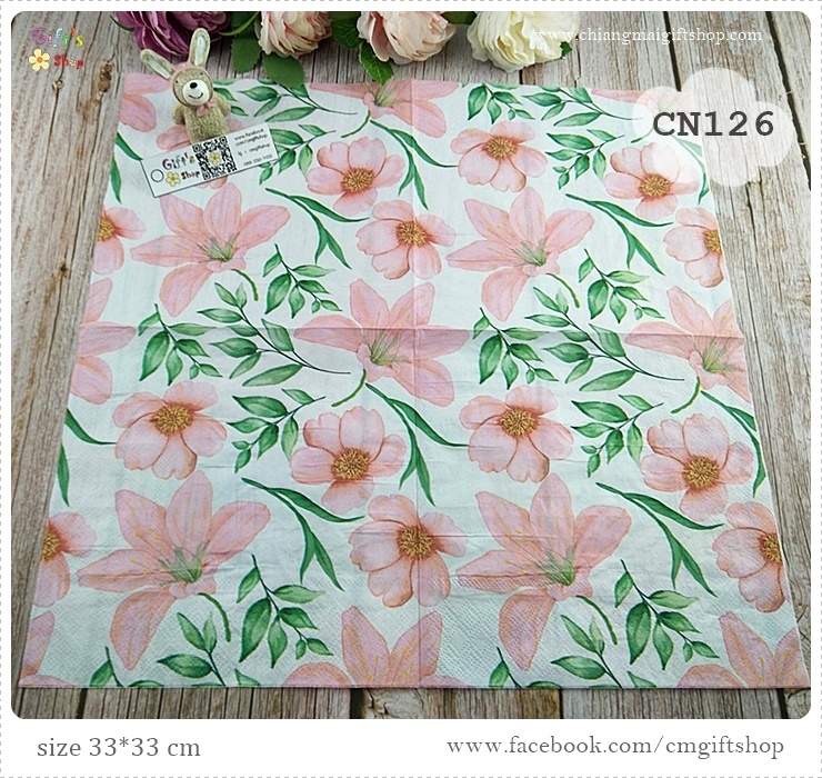 กระดาษแนปกิ้น, ลายดอกไม้ดอกใหญ่สีโอลด์โรส, ลายดอกไม้สีส้ม, ลายดอกไม้ใหญ่ๆ, ลายเต็มผืน, ลายดอกไม้, พื้นหลังสีขาว, ลายใบไม้