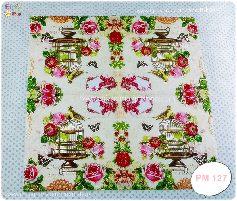 กระดาษแนปกิ้น, ลายดอกกุหลาบ, ลายกรงนก, ลายดอกกุหลาบสีแดง, ลายกุญแจ, ลายผีเสื้อ, พื้นหลังสีครีม, Bird on Vintage cage, สไตล์วินเทจ